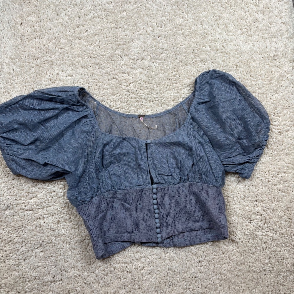 Free People Blue Mesh Floral Embroidered Puff Sleeve Crop Top XS
